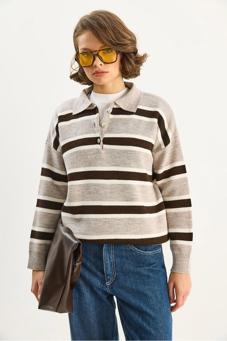 Polo-Kragen Langarm Strickpullover - Image 4