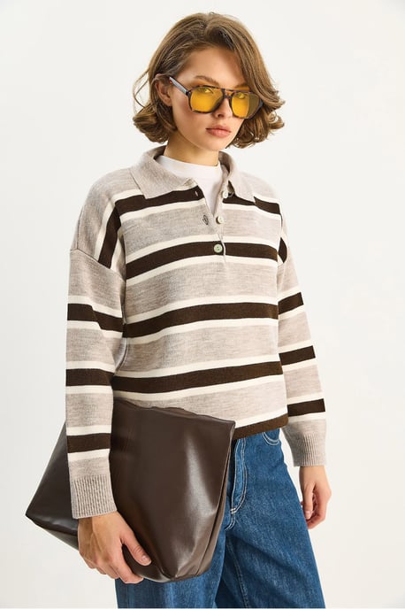 Polo-Kragen Langarm Strickpullover - Image 5