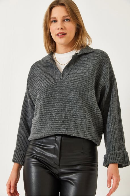 Rippstrick-Polo-Kragen-Cropped-Pullover - Image 2