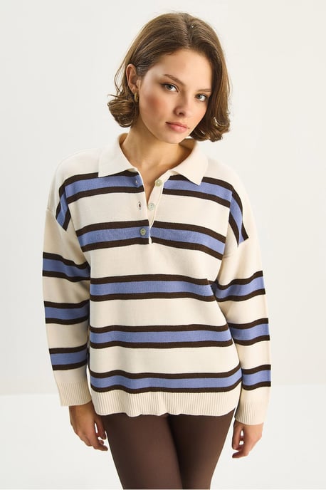 Polo-Kragen Langarm-Strickpullover - Image 3