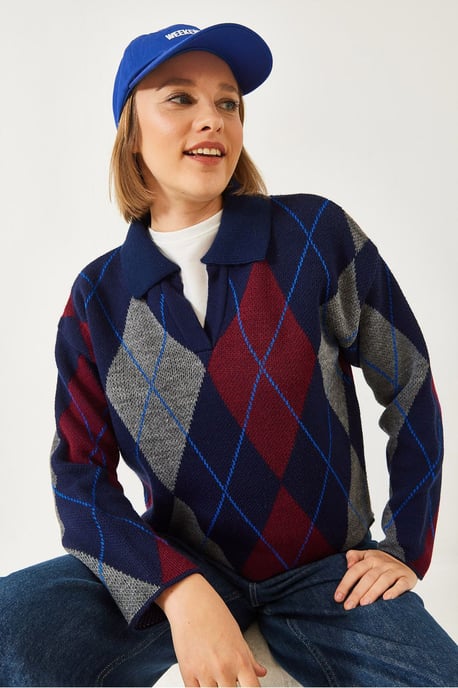 Geometrisches Muster Polo Kragen Strickpullover - Image 2