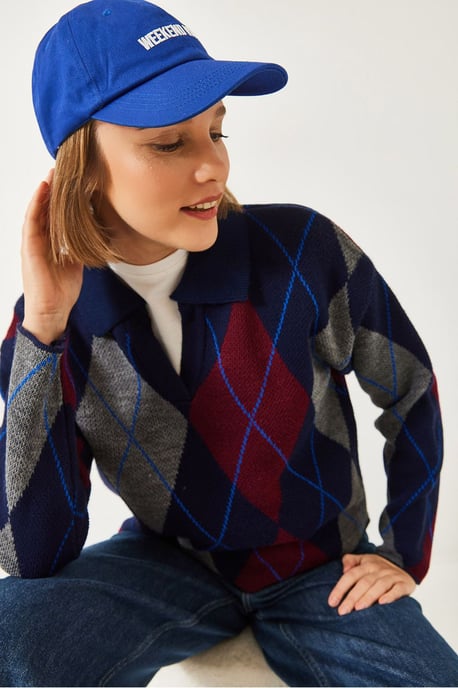 Geometrisches Muster Polo Kragen Strickpullover - Image 3
