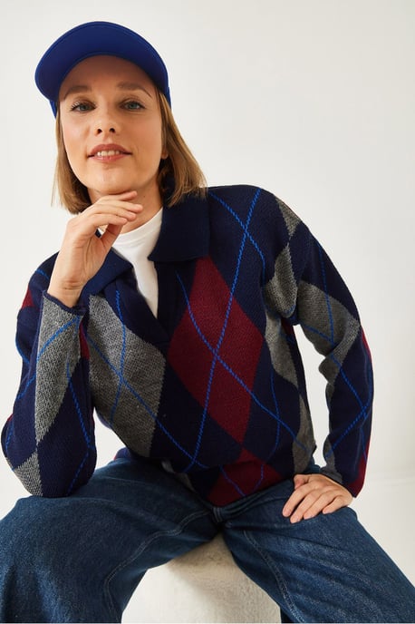Geometrisches Muster Polo Kragen Strickpullover - Image 4
