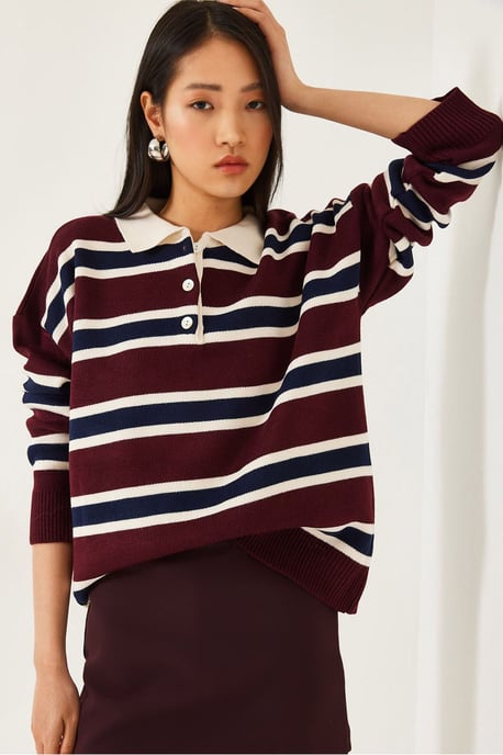 Gestreifter Polo-Kragen Strickpullover - Image 1