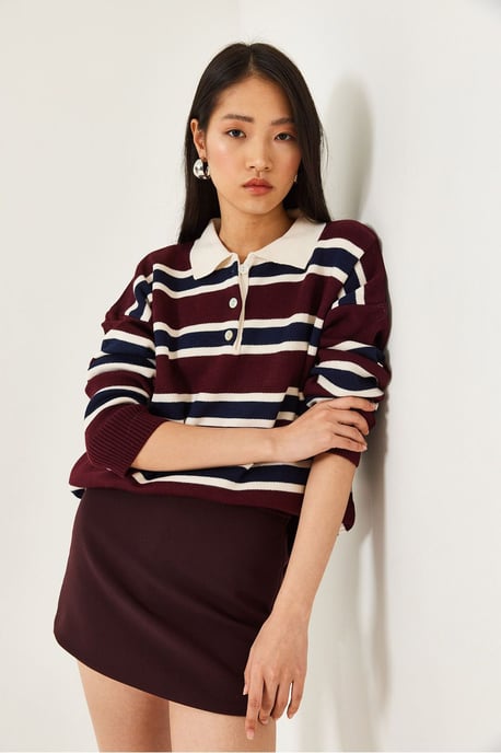 Gestreifter Polo-Kragen Strickpullover - Image 2