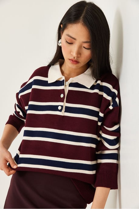 Gestreifter Polo-Kragen Strickpullover - Image 3