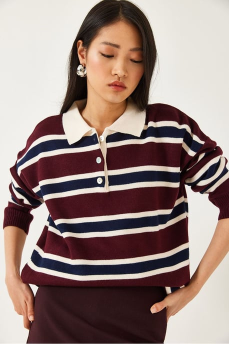 Gestreifter Polo-Kragen Strickpullover - Image 4