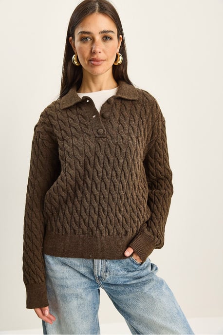 Dicker Zopfmuster-Polo-Hals-Pullover - Image 2