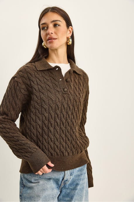 Dicker Zopfmuster-Polo-Hals-Pullover - Image 3
