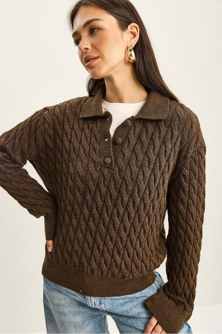 Dicker Zopfmuster-Polo-Hals-Pullover - Image 4