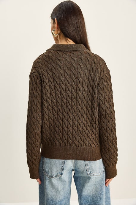 Dicker Zopfmuster-Polo-Hals-Pullover - Image 5