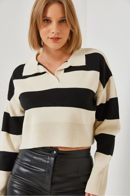 Gestreifter Polo-Kragen Ripp-Crop-Pullover - Image 1