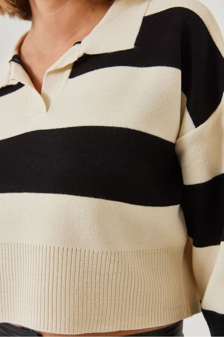 Gestreifter Polo-Kragen Ripp-Crop-Pullover - Image 2