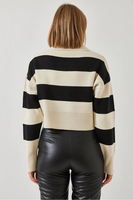 Gestreifter Polo-Kragen Ripp-Crop-Pullover - Image 3