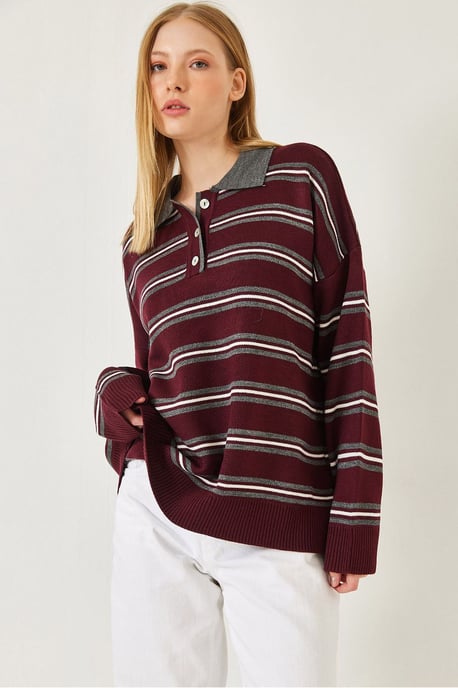 Gestreifter Polo-Kragen Knopf-Pullover - Image 1