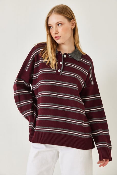 Gestreifter Polo-Kragen Knopf-Pullover - Image 2