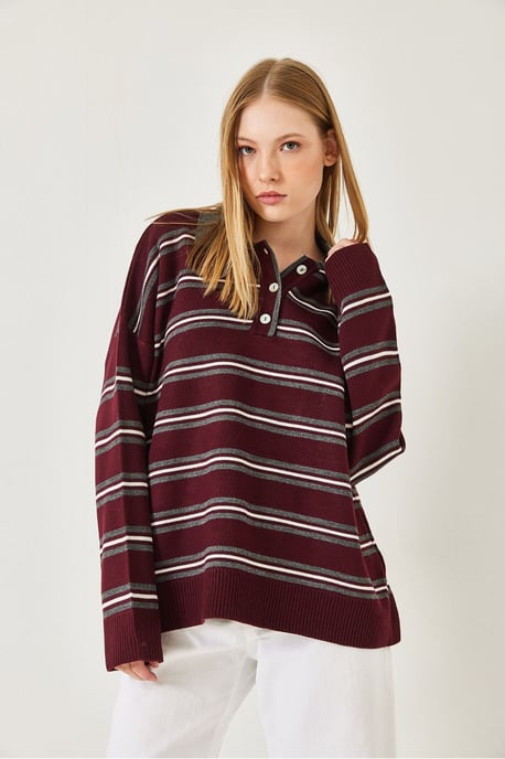 Gestreifter Polo-Kragen Knopf-Pullover - Image 3