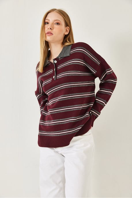 Gestreifter Polo-Kragen Knopf-Pullover - Image 4