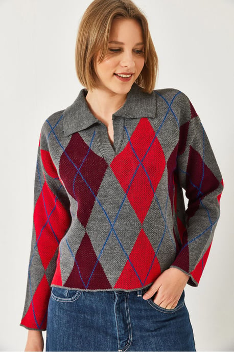 Geometrisches Muster Polo Kragen Strickpullover - Image 2