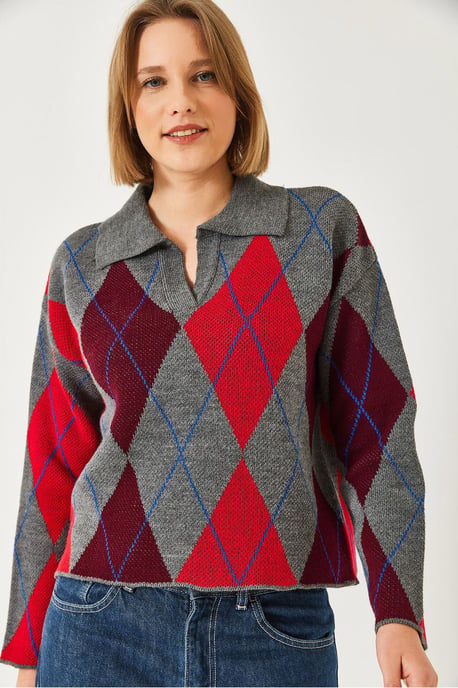 Geometrisches Muster Polo Kragen Strickpullover - Image 3