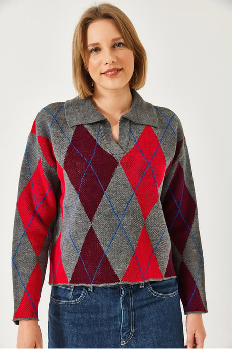 Geometrisches Muster Polo Kragen Strickpullover - Image 4
