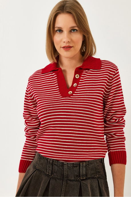 Gestreifter Polokragen-Strickpullover - Image 1
