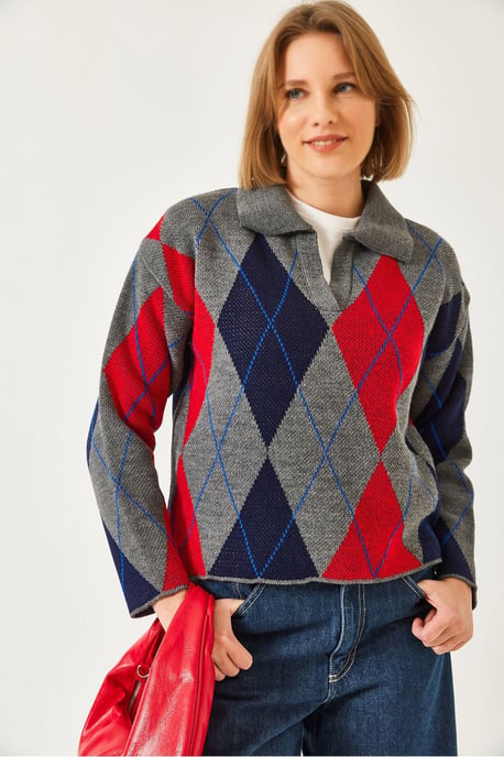 Geometrisches Muster Polo Kragen Strickpullover - Image 1