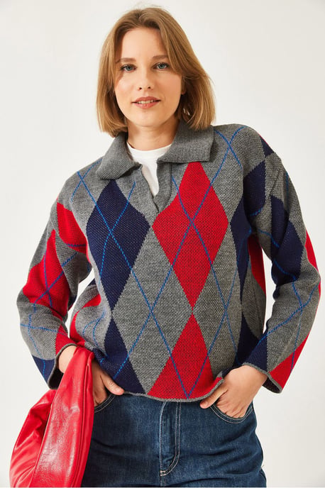 Geometrisches Muster Polo Kragen Strickpullover - Image 2