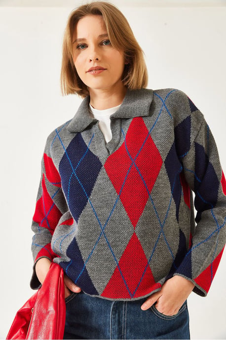 Geometrisches Muster Polo Kragen Strickpullover - Image 3