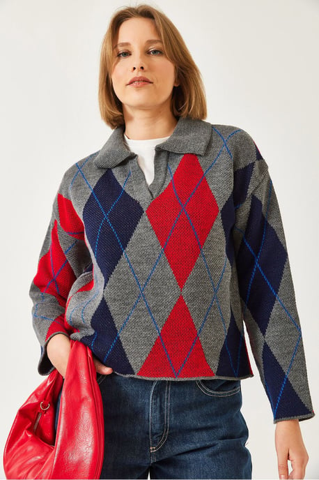 Geometrisches Muster Polo Kragen Strickpullover - Image 4