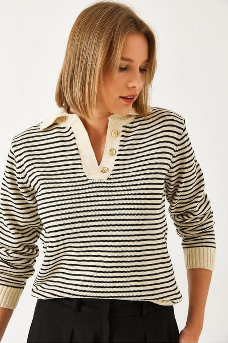 Gestreifter Polo-Kragen-Strickpullover - Image 1