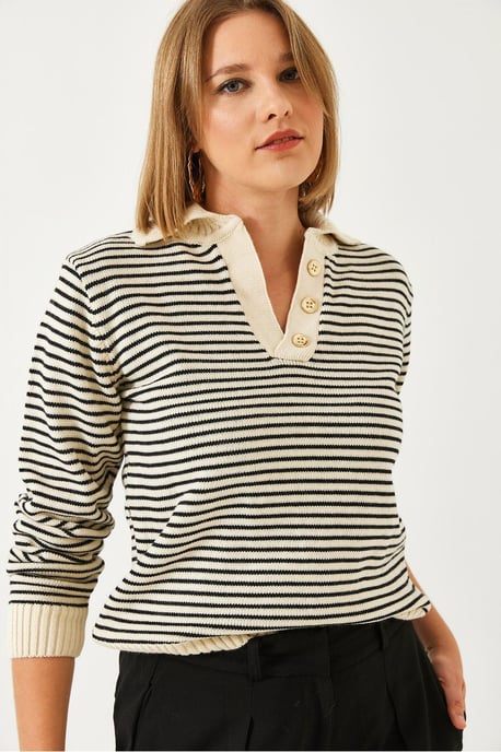Gestreifter Polo-Kragen-Strickpullover - Image 2