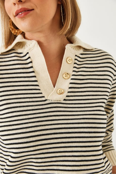 Gestreifter Polo-Kragen-Strickpullover - Image 3