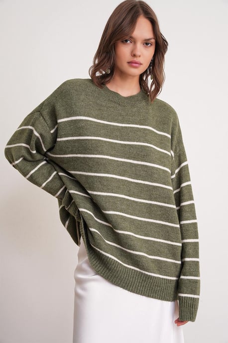 Gestreifter Rundhals entspannt geschnittener Strickpullover - Image 1