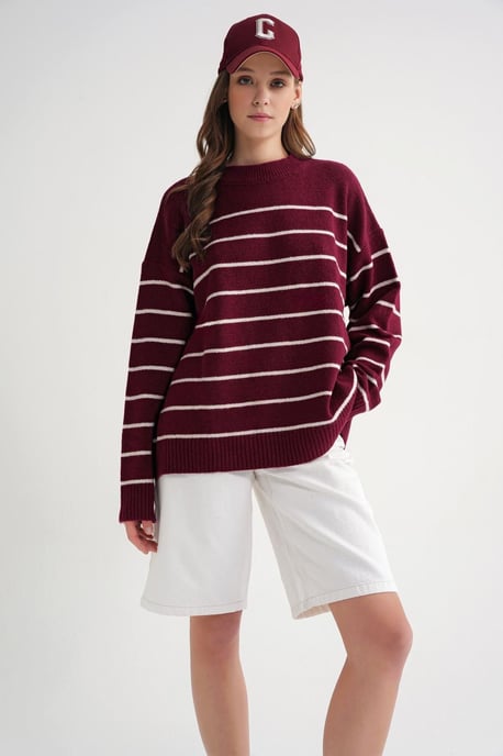 Gestreifter, lässiger Rundkragen-Strickpullover - Image 2
