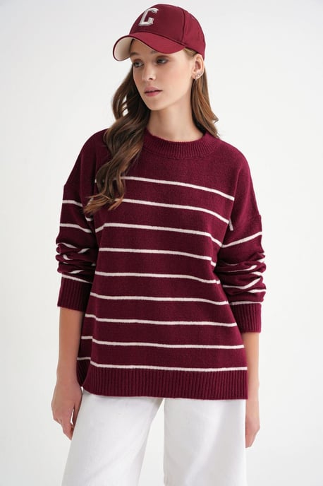 Gestreifter, lässiger Rundkragen-Strickpullover - Image 3