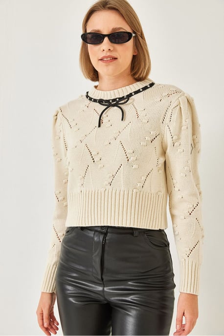 Strukturiertes Besticktes Rundhals Enges Crop Sweater - Image 2