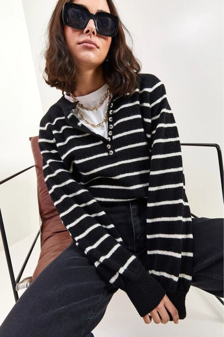 Knopfkragen Lässig Sitzender Strickpullover - Image 3