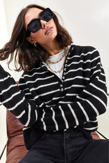 Knopfkragen Lässig Sitzender Strickpullover - Image 6