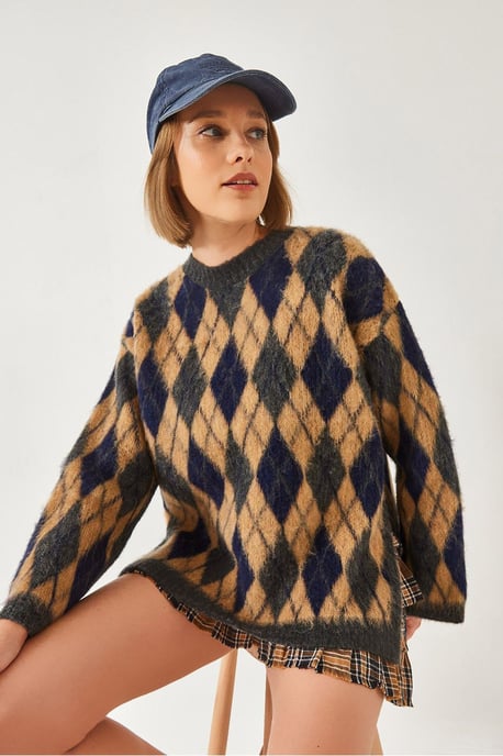 Crew-Nack Schlitz Strickpullover im Baklava-Muster - Image 2