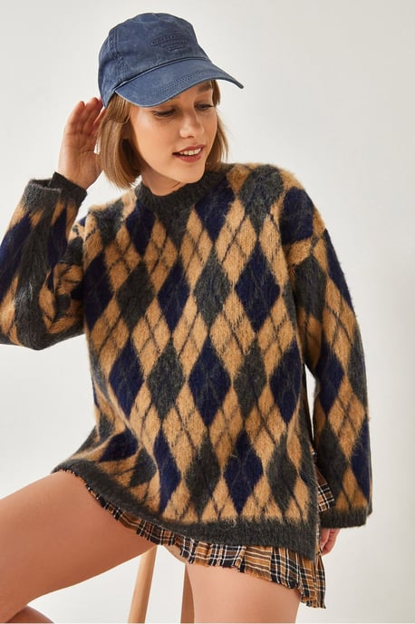 Crew-Nack Schlitz Strickpullover im Baklava-Muster - Image 3