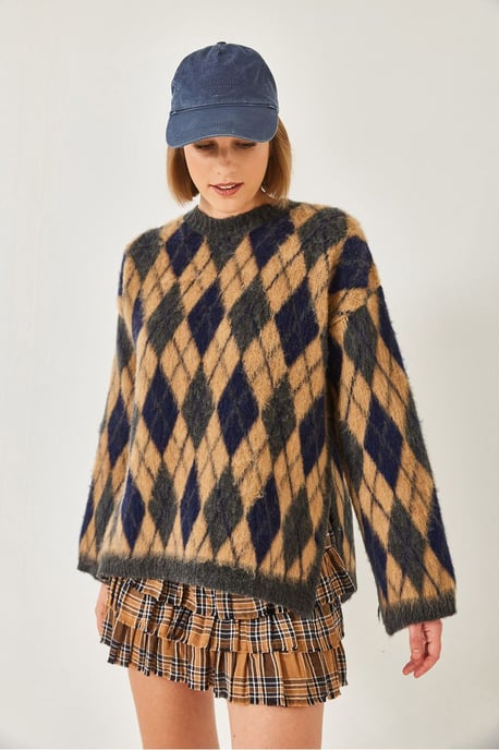 Crew-Nack Schlitz Strickpullover im Baklava-Muster - Image 4