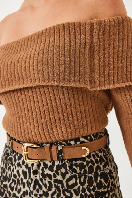 Off-Shoulder Rippstrick-Fitted Pullover mit Umschlag-Detail - Image 3