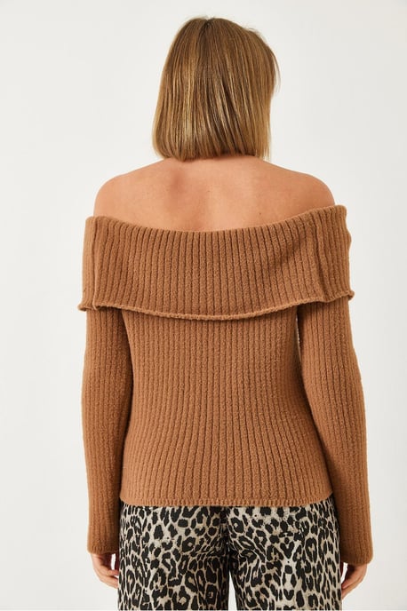 Off-Shoulder Rippstrick-Fitted Pullover mit Umschlag-Detail - Image 4