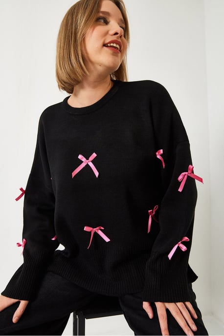 Musterierter Acryl-Pullover mit Rundhalsausschnitt und Schleifendetail - Image 2