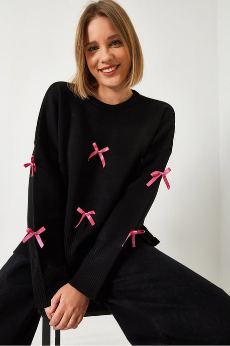 Musterierter Acryl-Pullover mit Rundhalsausschnitt und Schleifendetail - Image 3