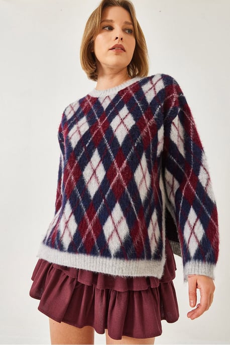 Crew-Neck-Pullover mit Schlitz im Baklava-Muster - Image 2