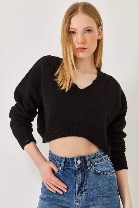 Bianco Lucci Strukturiertes V-Ausschnitt kurzes, locker sitzendes Stricktop - Schwarz - Image 1