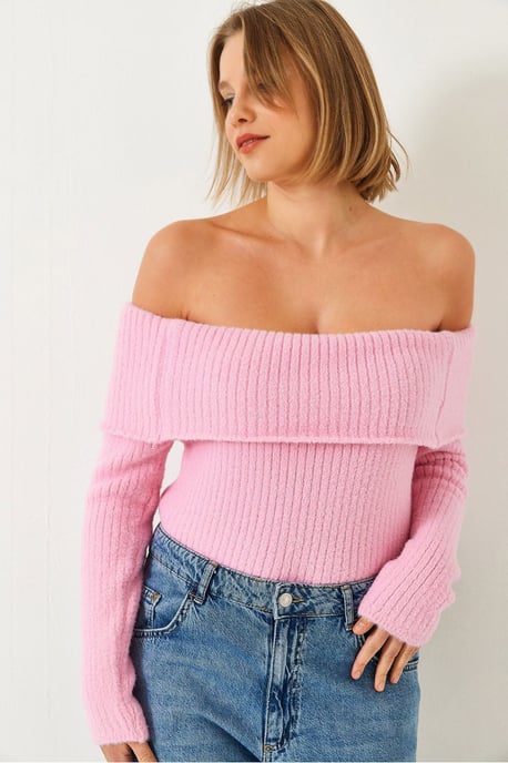 Schulterfreier gerippter Strickpullover mit umgeschlagenem Detail - Image 1
