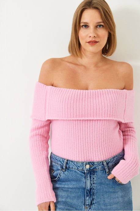 Schulterfreier gerippter Strickpullover mit umgeschlagenem Detail - Image 2